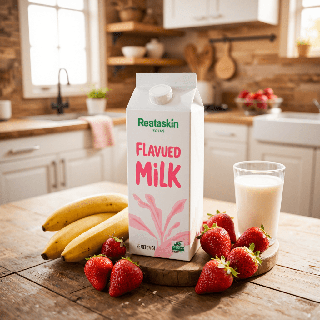 product photography of a small carton of flavored milk, suitable for a quick drink