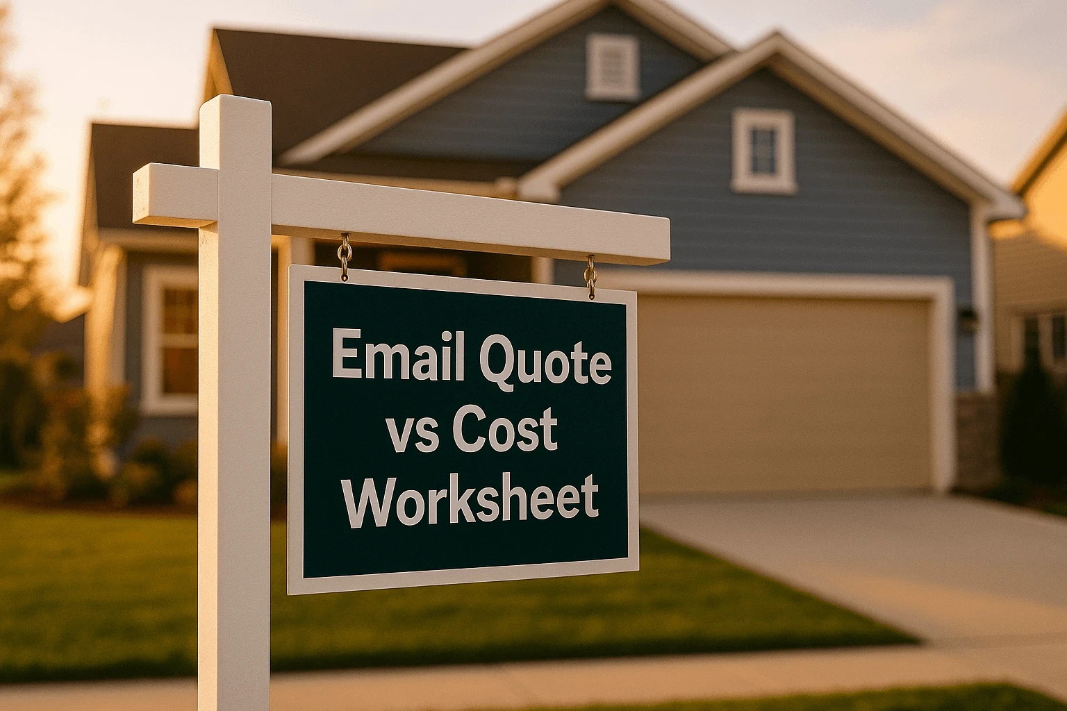 Real estate sign in front of a house displaying the words “Email Quote vs Cost Worksheet”.