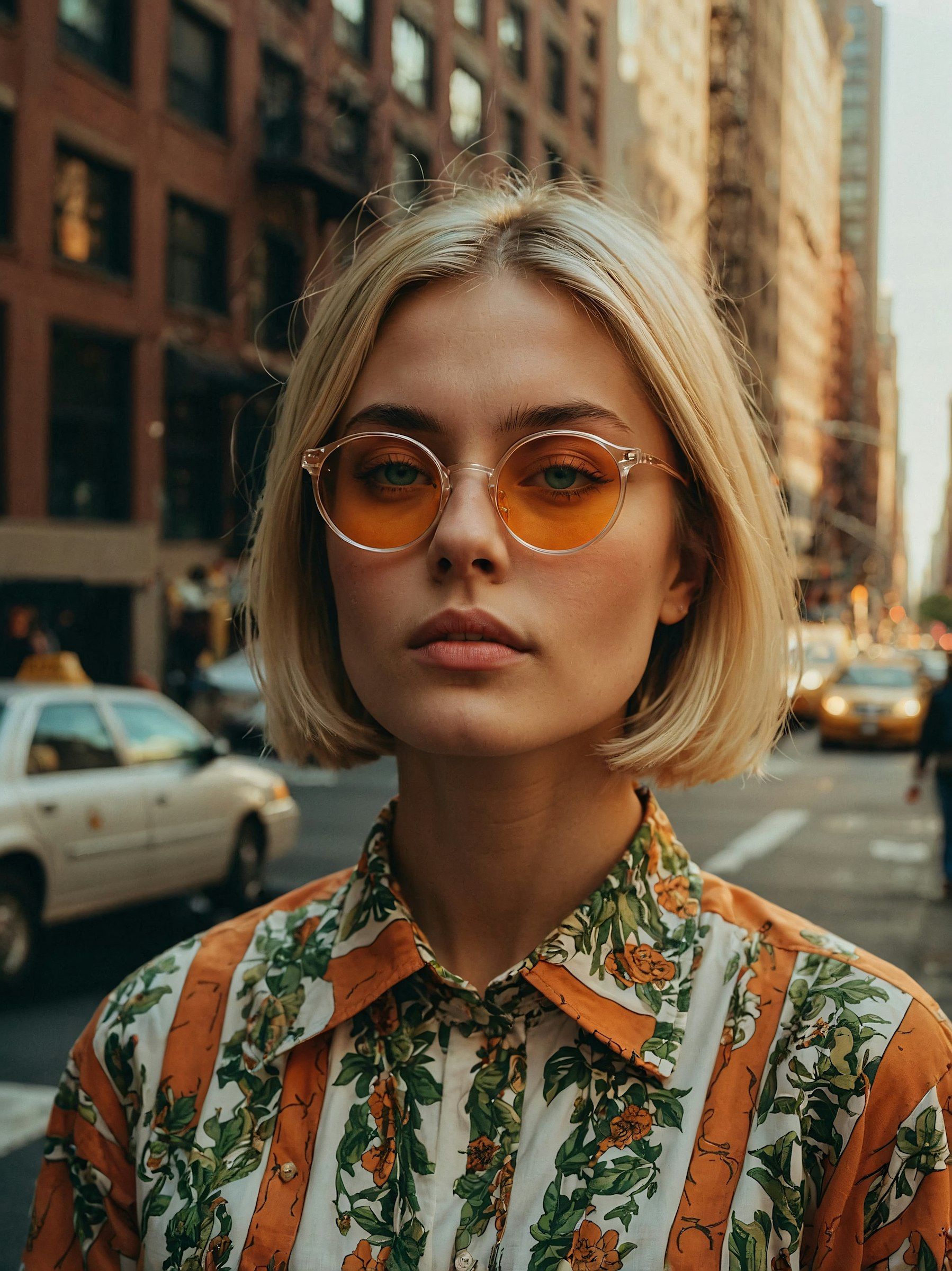 A girl in round glasses and a multicolored shirt standing against a city background, with buildings and cars visible in the distance