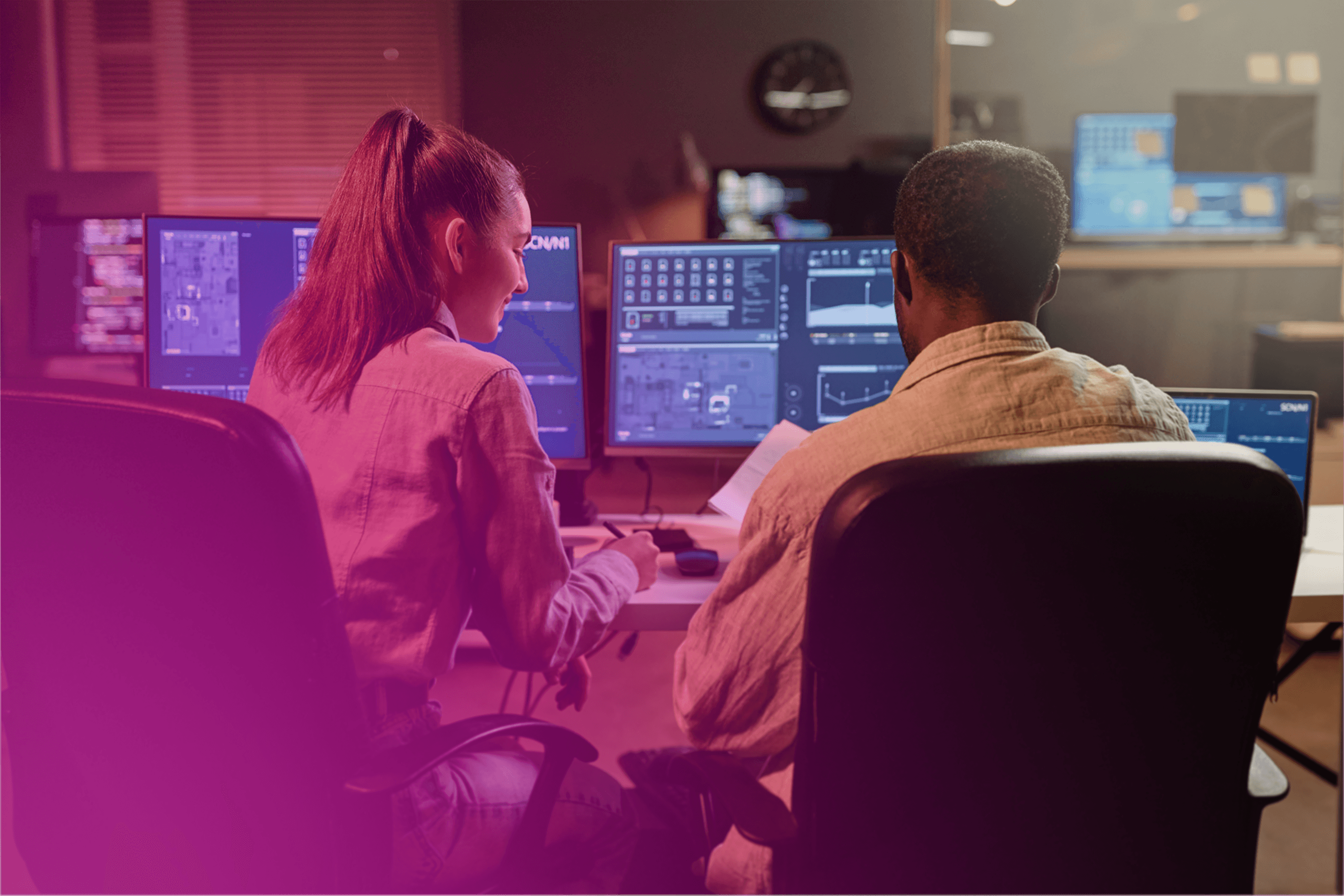 Hero image featuring a greyscaled communication platform on an abstract background.