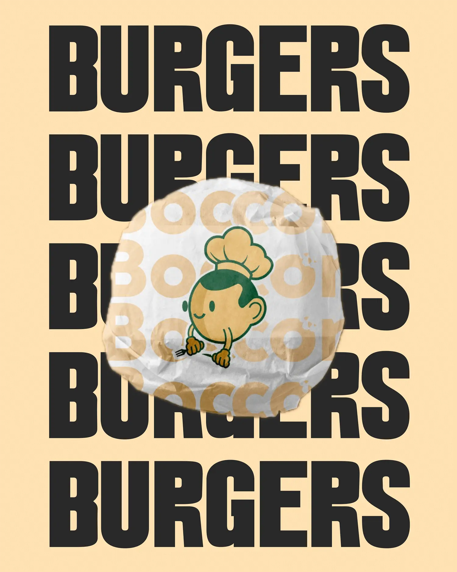 Boccone Café burger wrapped in white branded paper with the mascot illustration, displayed over a bold repeated ‘BURGERS’ typography background.