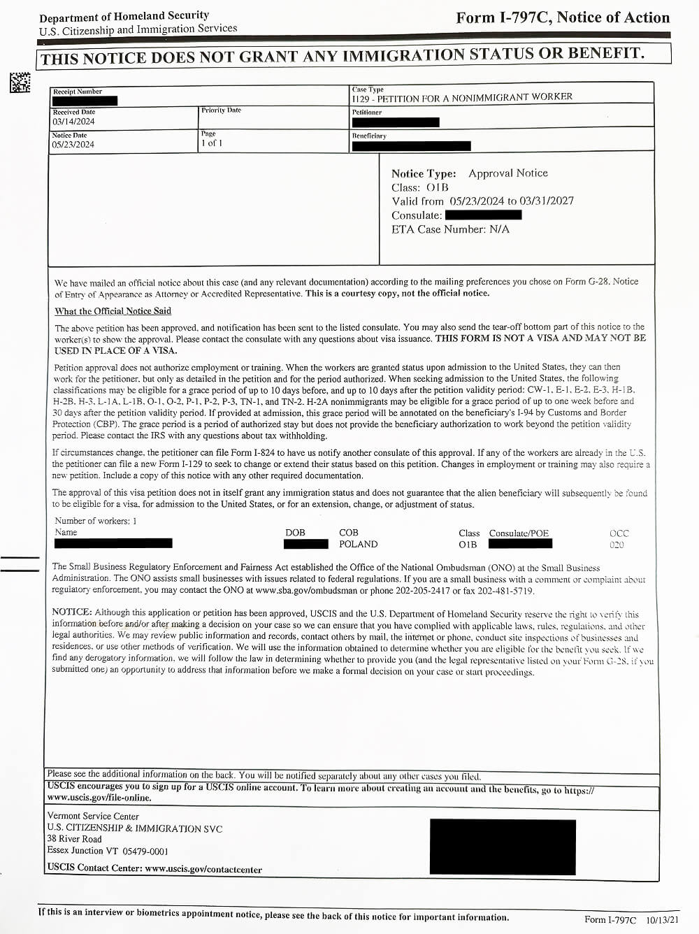 Form I-797C Notice of Action. A USCIS form informing an applicant of an approval of request for change of status.
