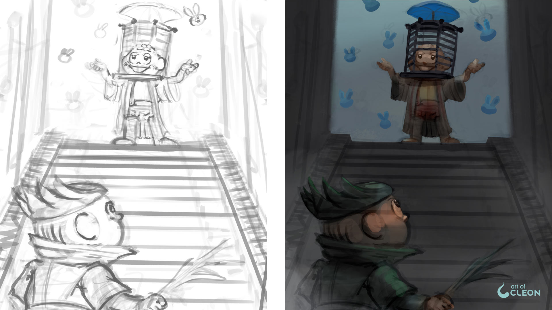 Early sketch and color blockout for the Curse of the Dirty Nightmare composition.