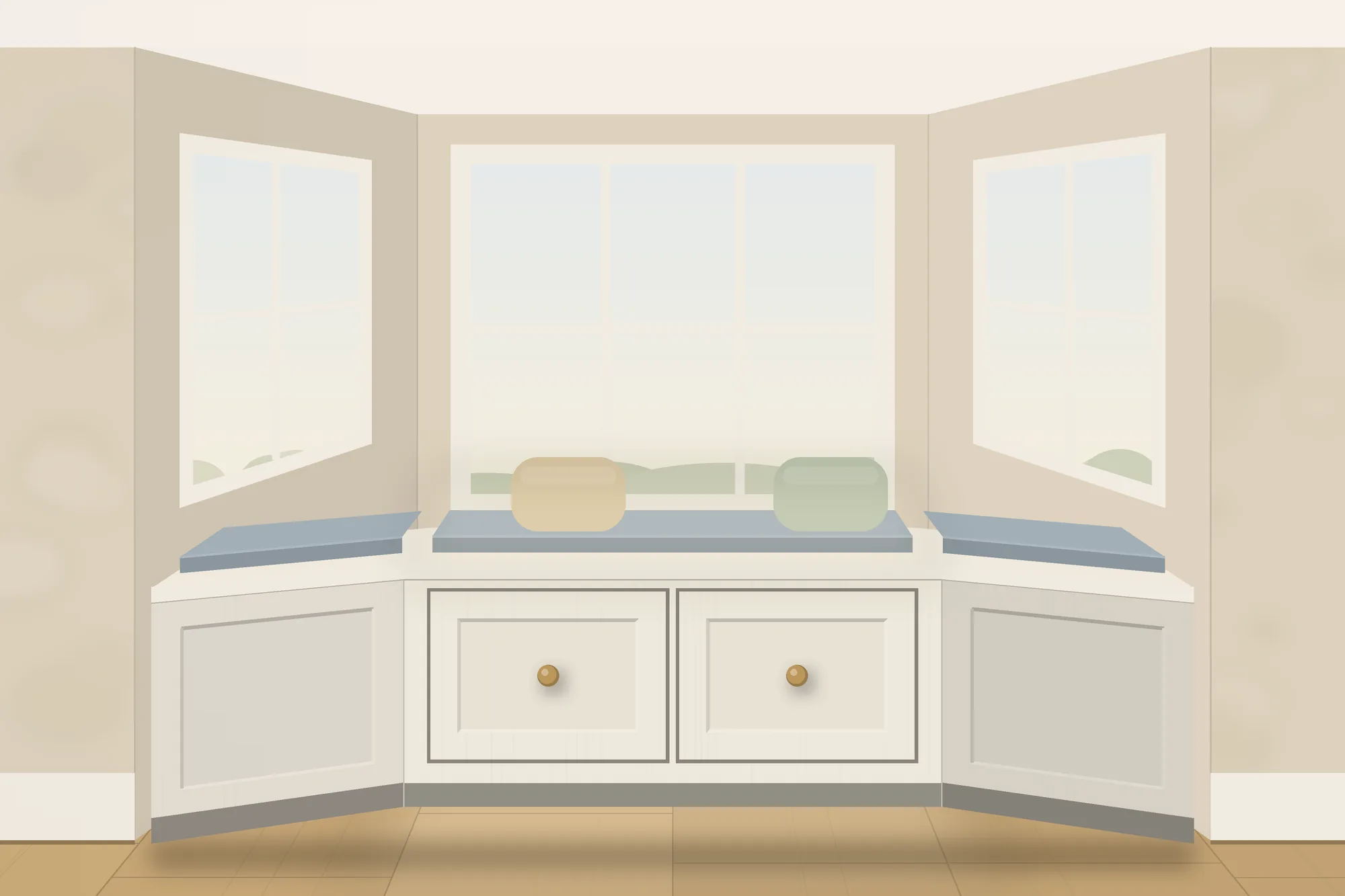 Painted window seat with two drawers built into a three-sided bay
