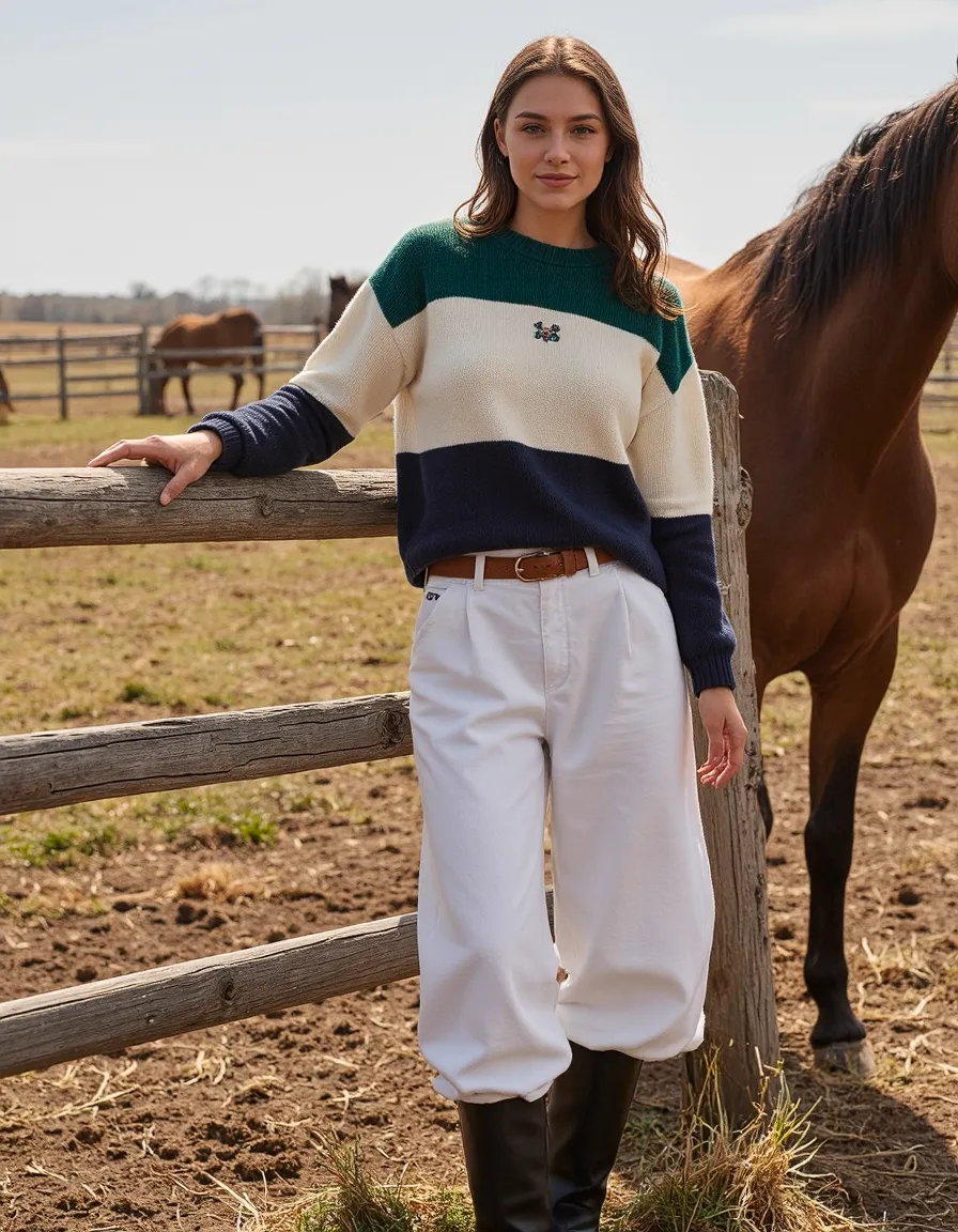 Countryside fashion scene featuring a color-block sweater in green, cream and navy paired with white trousers beside a horse fence