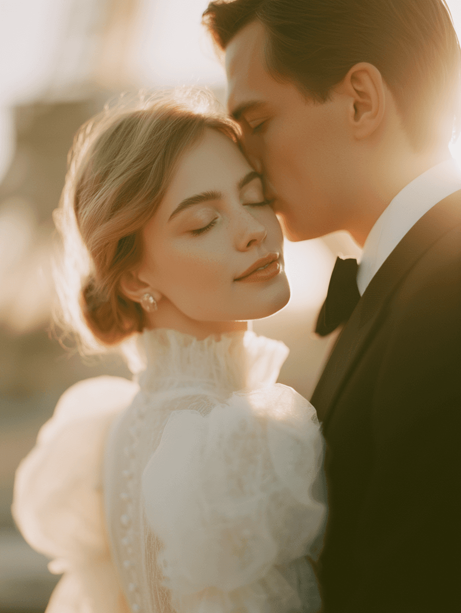 Groom nuzzling his bride in a high-neck gown in golden Paris light near the Eiffel Tower, Saint Laurent wedding photography