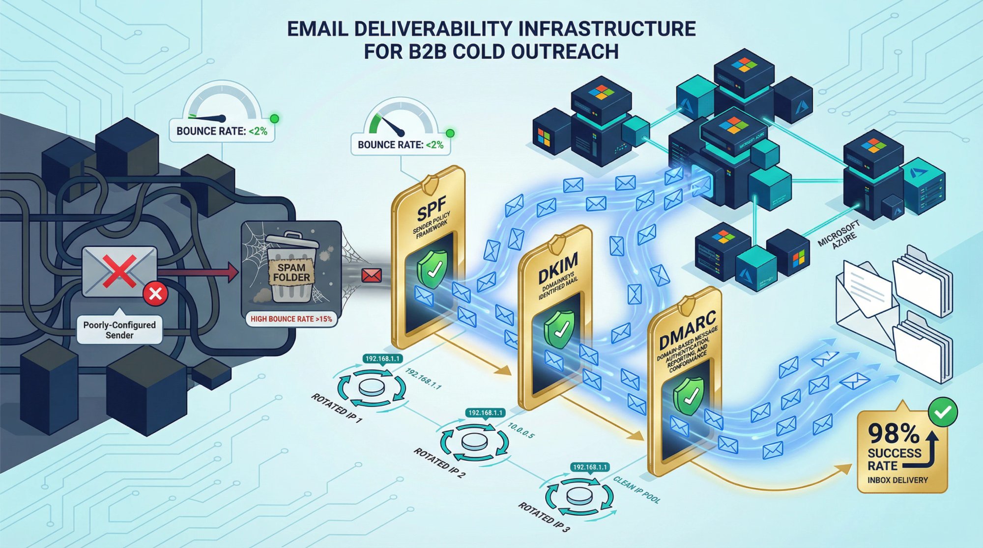 Email deliverability infrastructure showing multiple authenticated sending paths routing through verification layers to reach the inbox