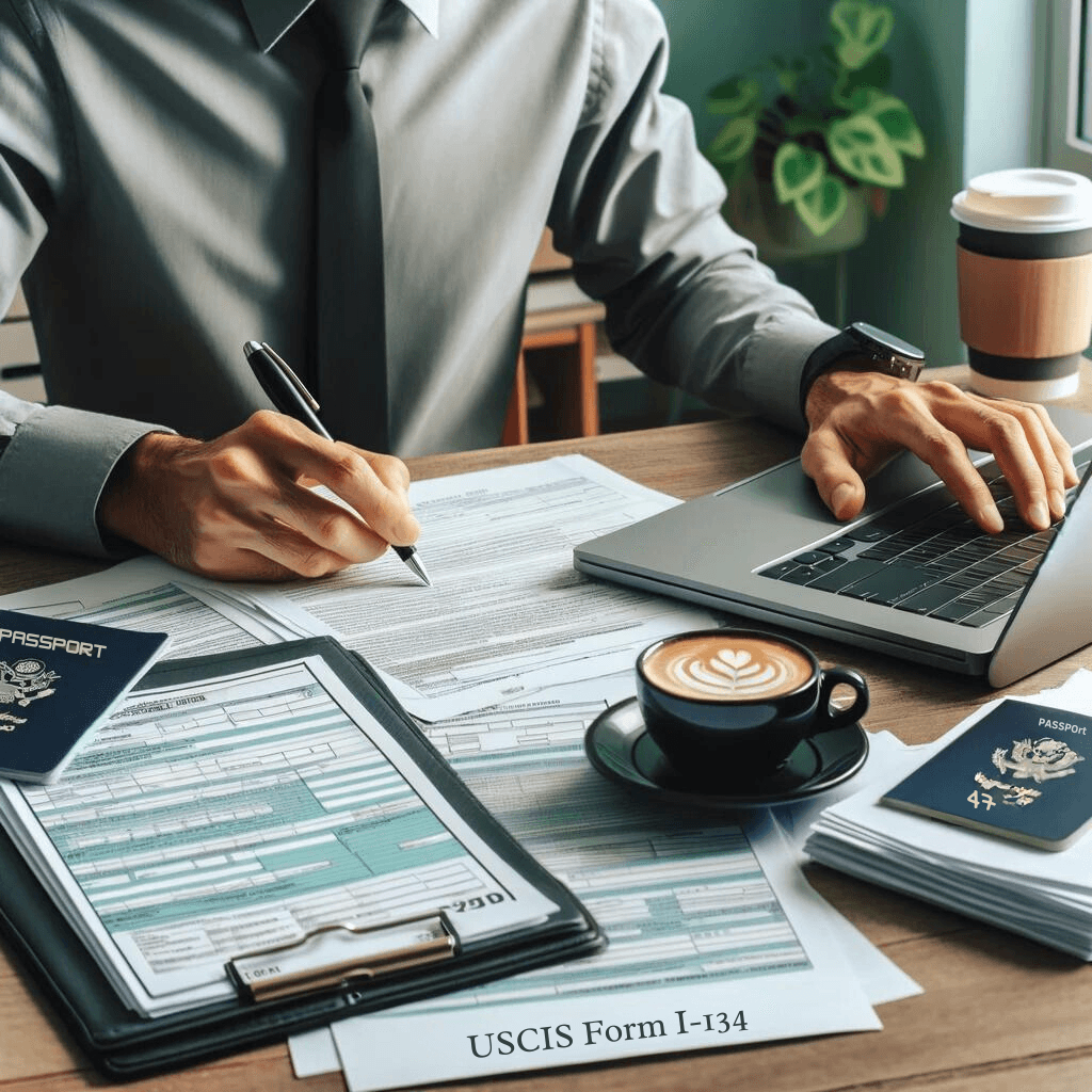A focused individual reviewing USCIS Form I-134 documents at a well-organized desk, with a laptop, passport, and a cup of coffee, symbolizing careful preparation for visa sponsorship.