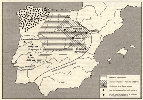 Figura 2-2: Mapa de la Hispania céltica con límite de topónimos en –briga (céltico), distribución de gentilidades, distribución de inscripciones celtibéricas y teónimos lusitano-galaicos, y límites de los mismos. Nótese un área lusitano-galaica, un área celtibérica y un territorio intermedio. (Según Álvarez Sanchís 2003).