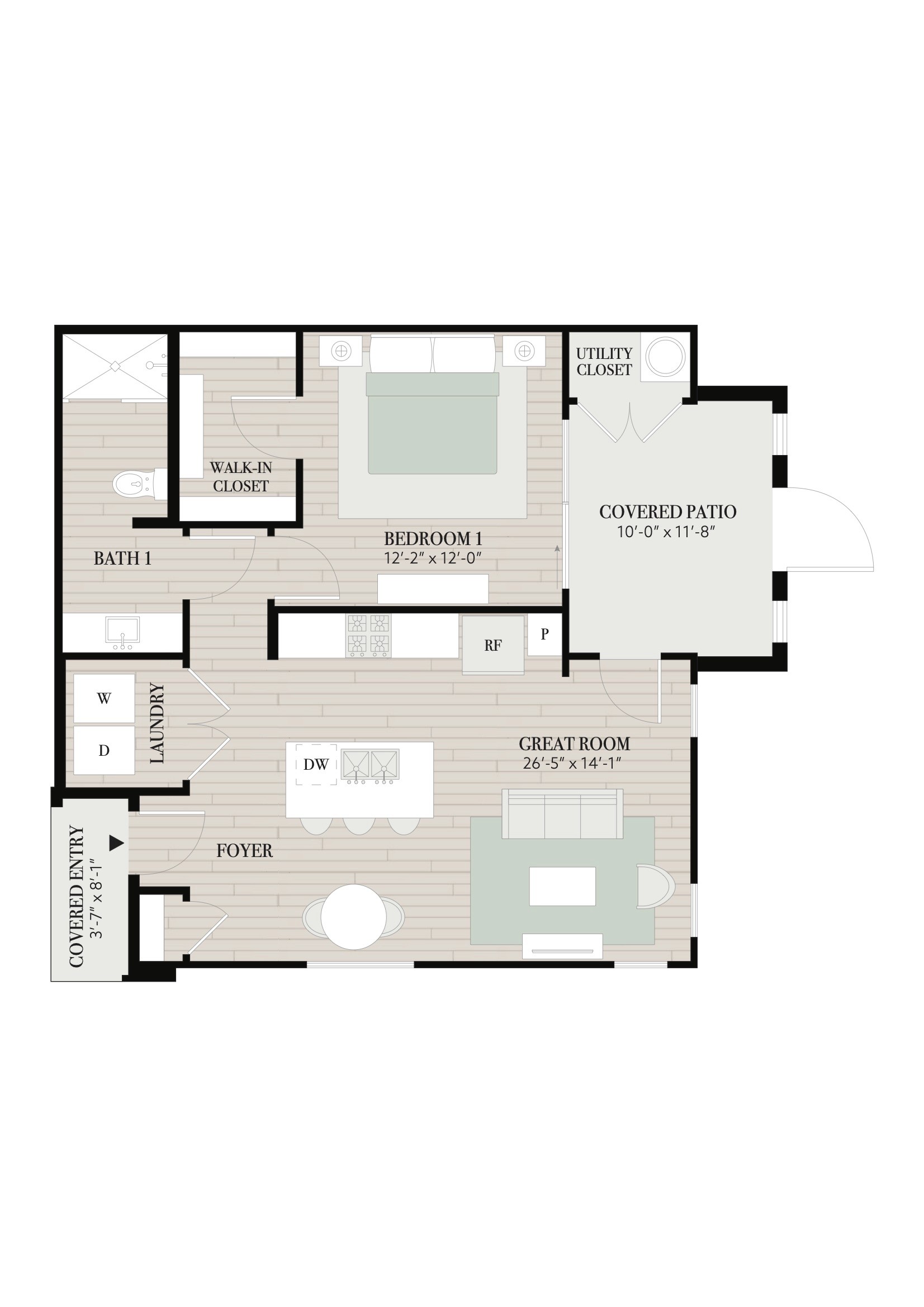 1 Bedroom, Furnished, & King Bed Floor Plan