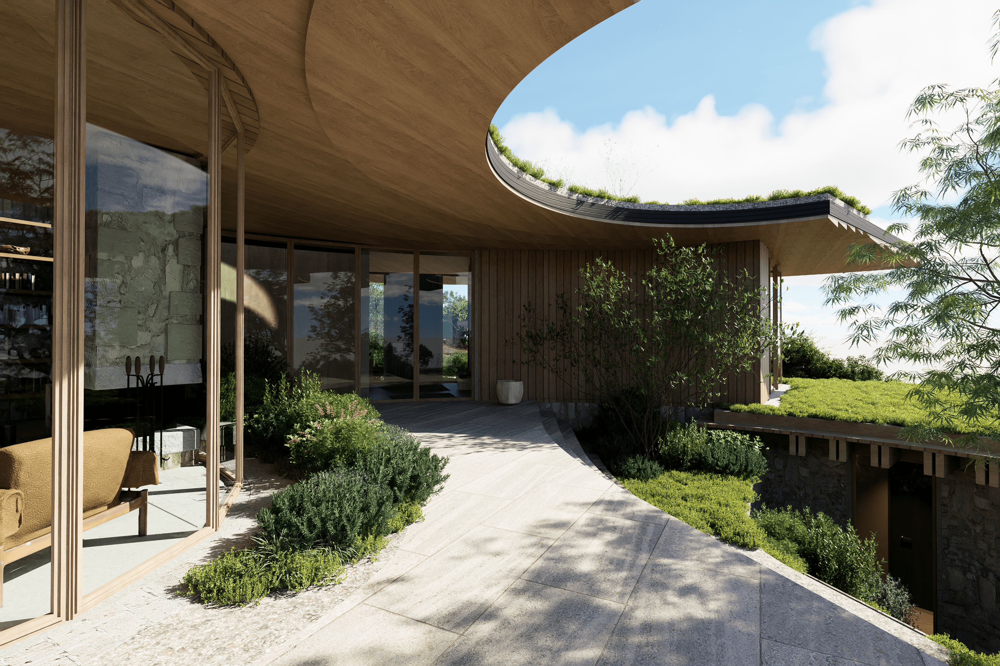 Mirador de Izki: curved green roof and floor-to-ceiling glazing dissolving the line between interior and landscape.