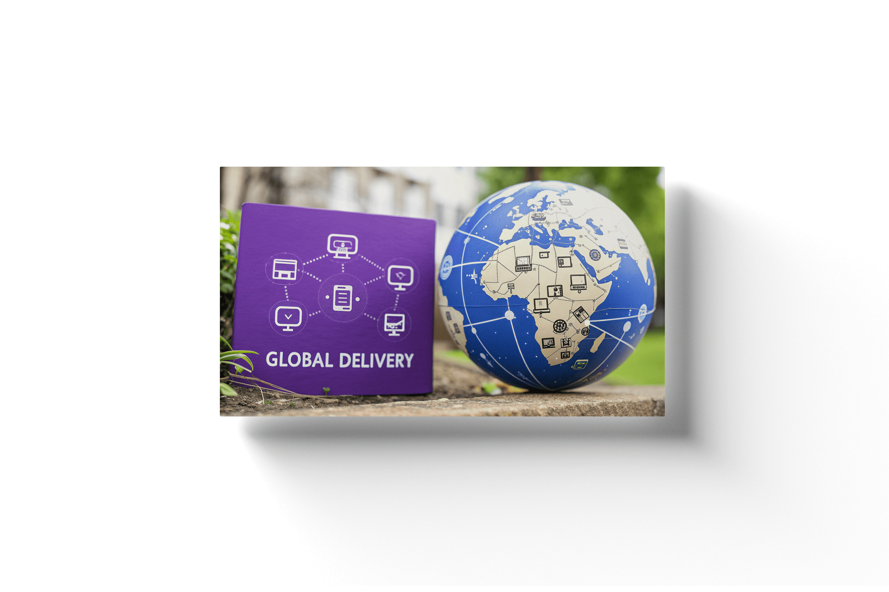 a globe next to a purple card with the text 'global delivery'