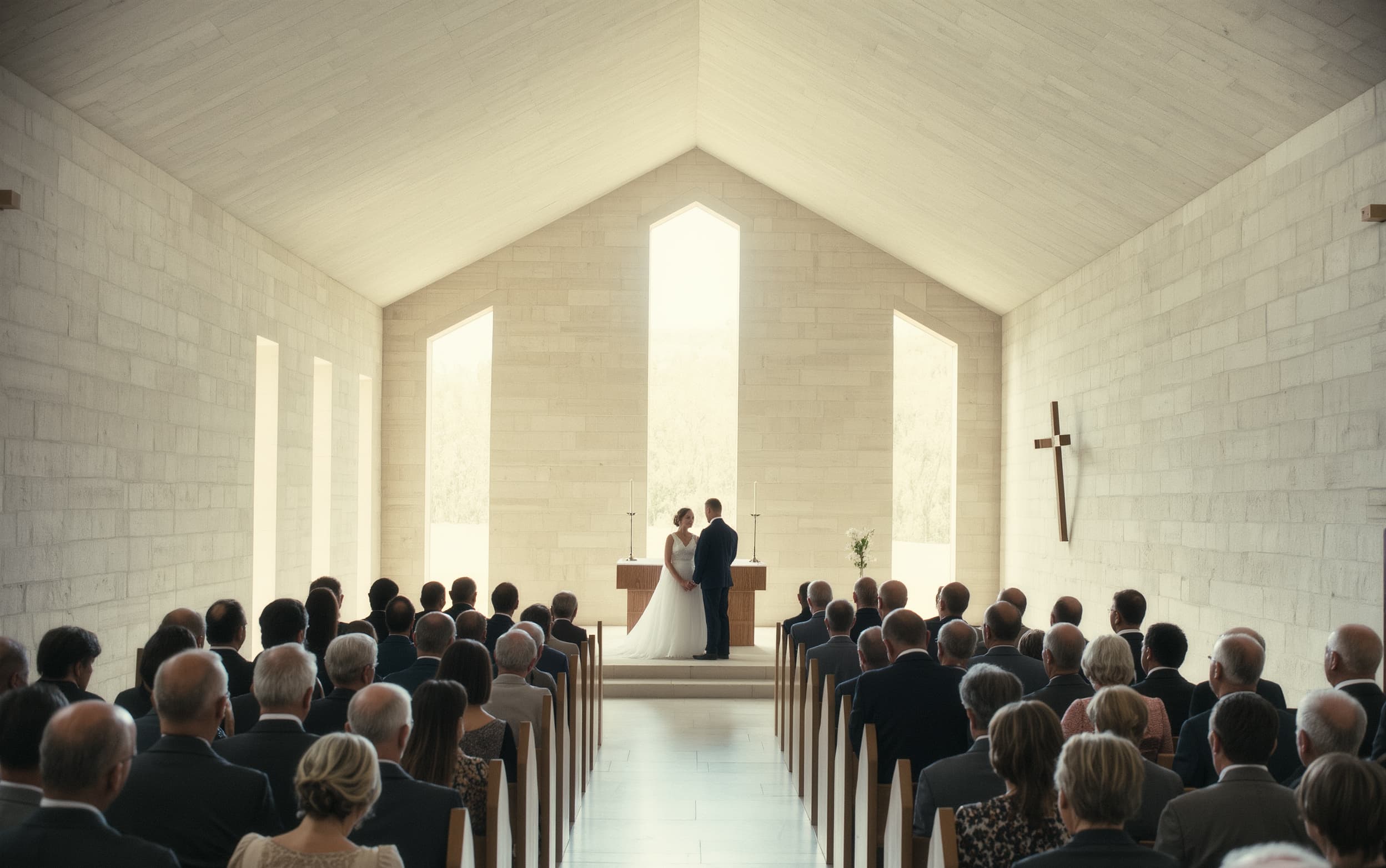 Wedding ceremony – guests seated in minimalist chapel watching couple exchange vows