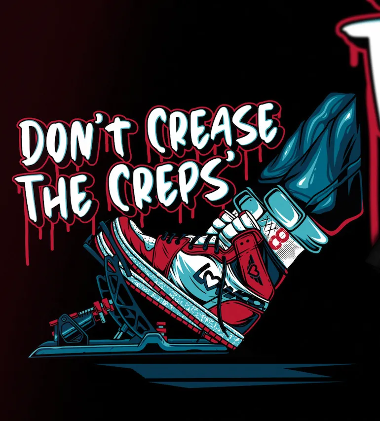 Don't Crease The Creps sneaker graphic T-shirt design featuring a Jordan 1 illustration with drip lettering and street art style — by Slow Knife Design