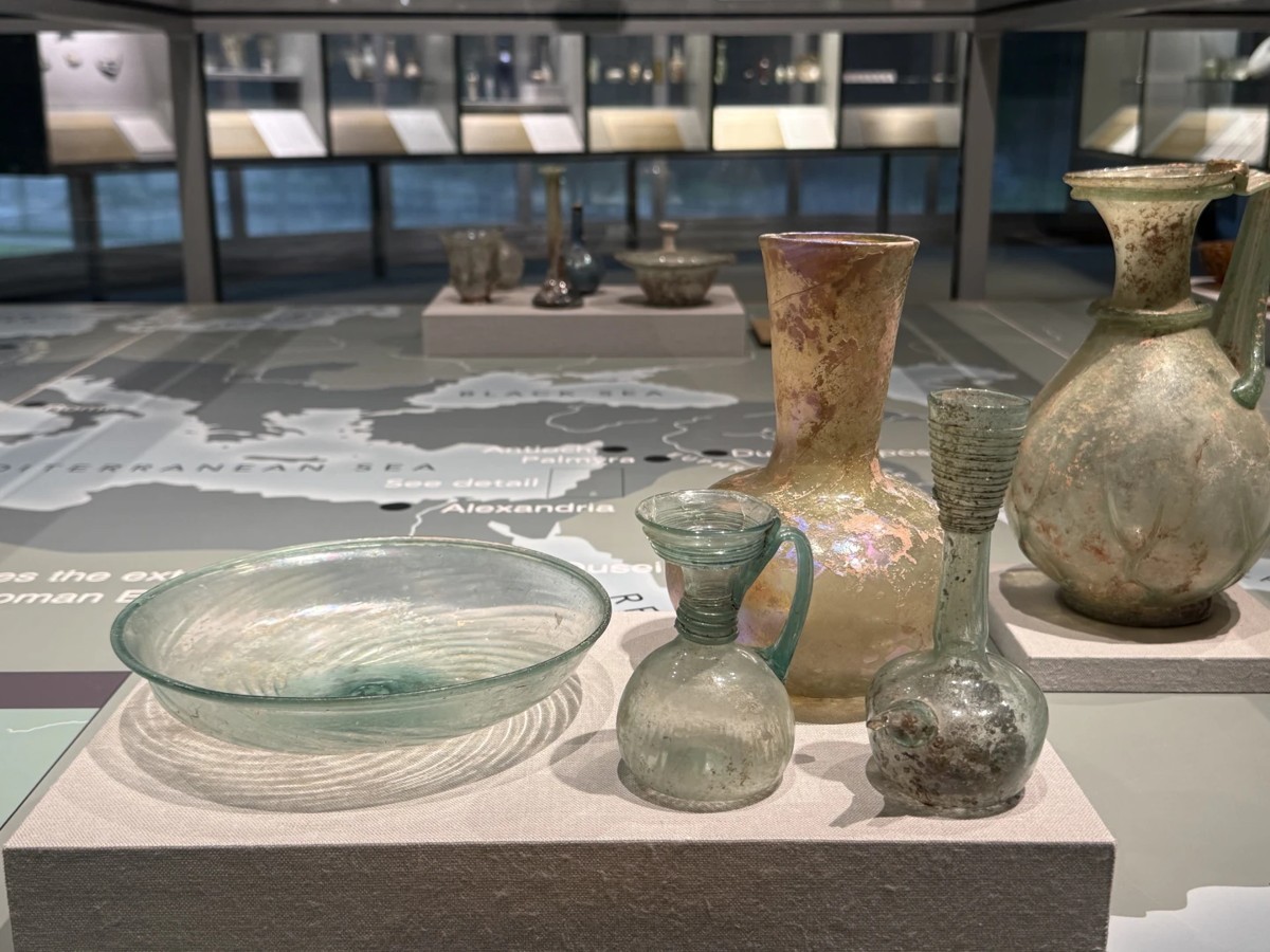 Ancient glass objects on a platform mapping sites across the Roman Empire, including Jalame and Beit She’arim in Israel, at the Corning Museum of Glass in Corning, in June 2026. Photo courtesy of Menachem Wecker.