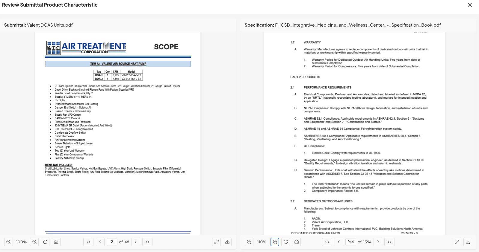 BuildSync interface showing side-by-side comparison of spec requirements vs. submittal data with pass/fail/unknown indicators