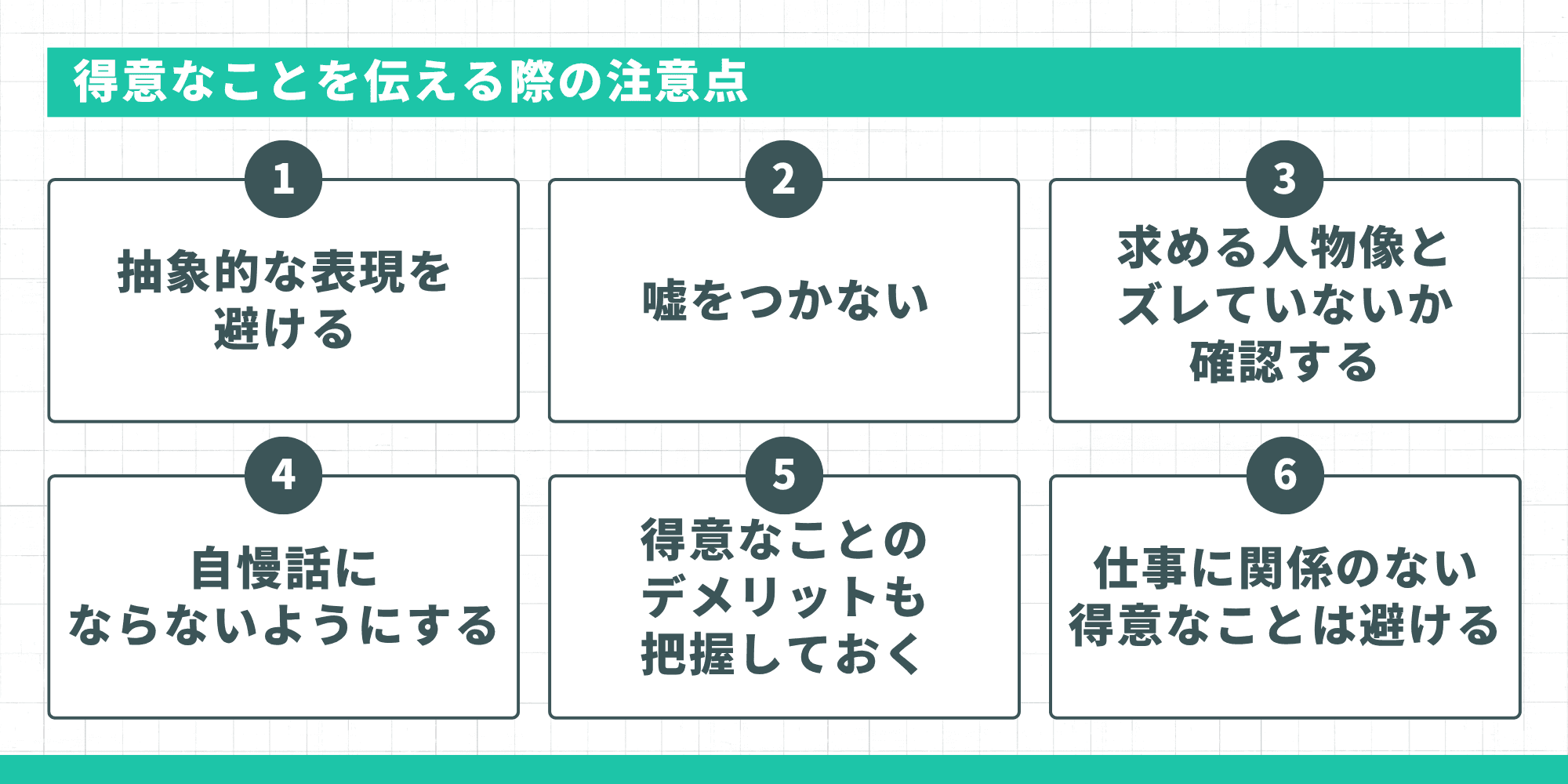 得意なことを伝える際の6つの注意点：抽象的な表現を避ける・嘘をつかない・求める人物像とズレていないか確認する・自慢話にならないようにする・デメリットも把握しておく・仕事に関係のない得意なことは避ける