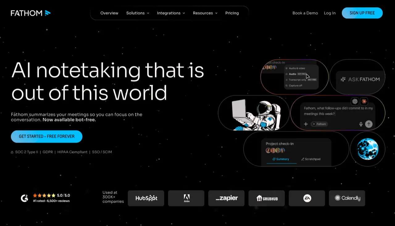 Fathom homepage, free AI meeting recorder and summarizer