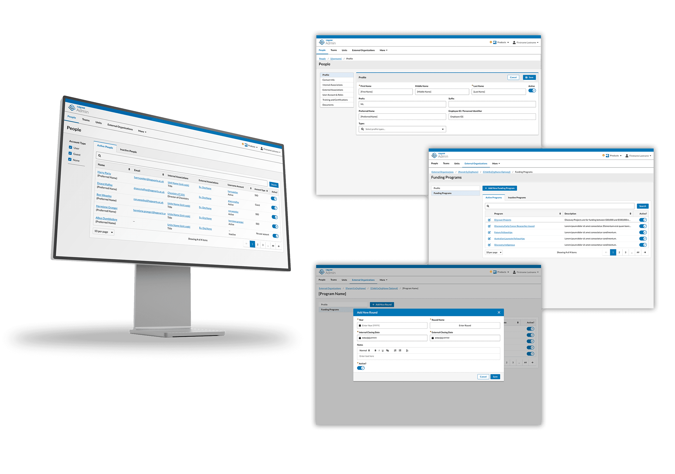 A mockup view of the Admin people dashboardm and several other admin screen eamples