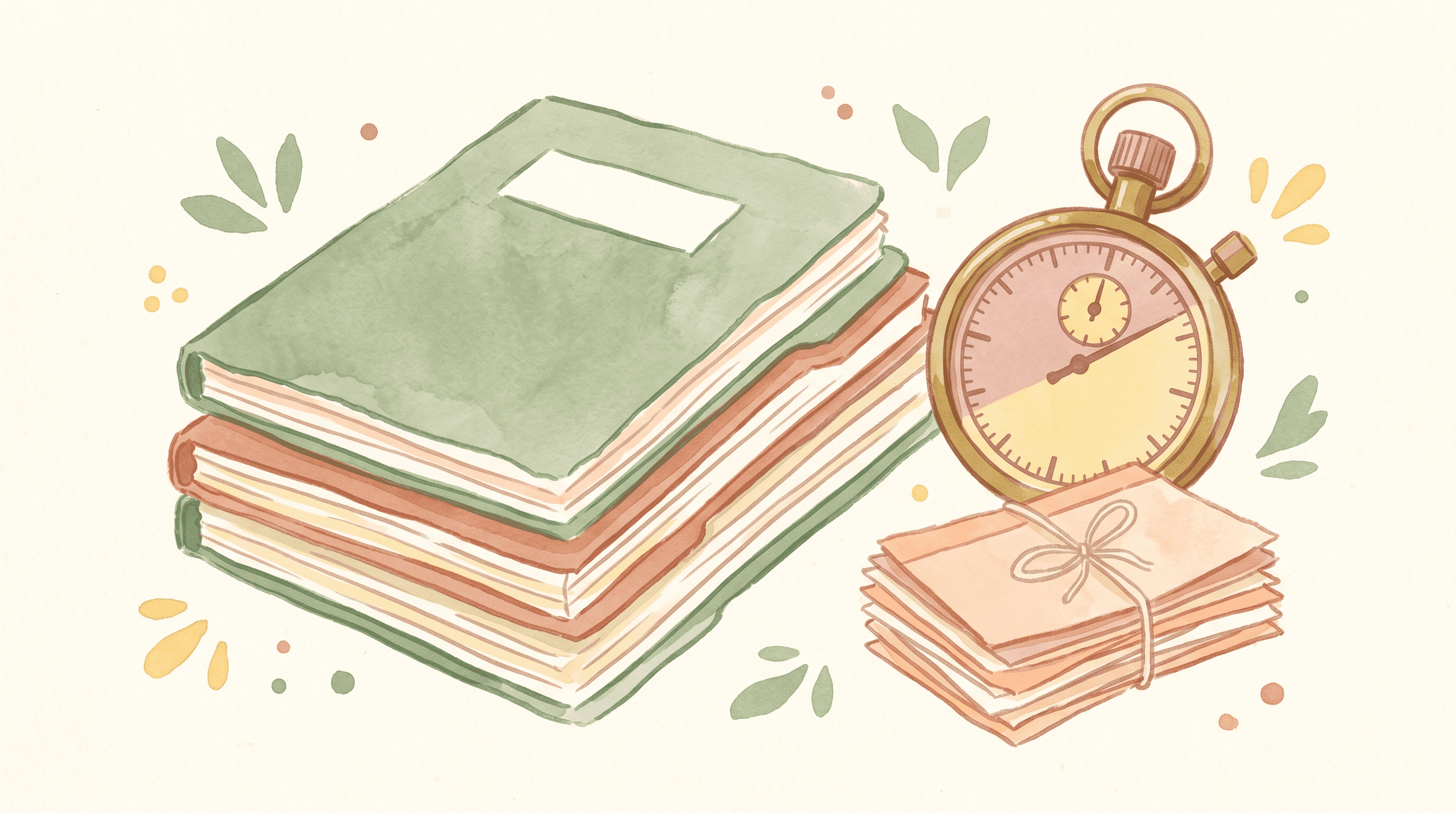 Manuscript folders beside a stopwatch and citation index cards