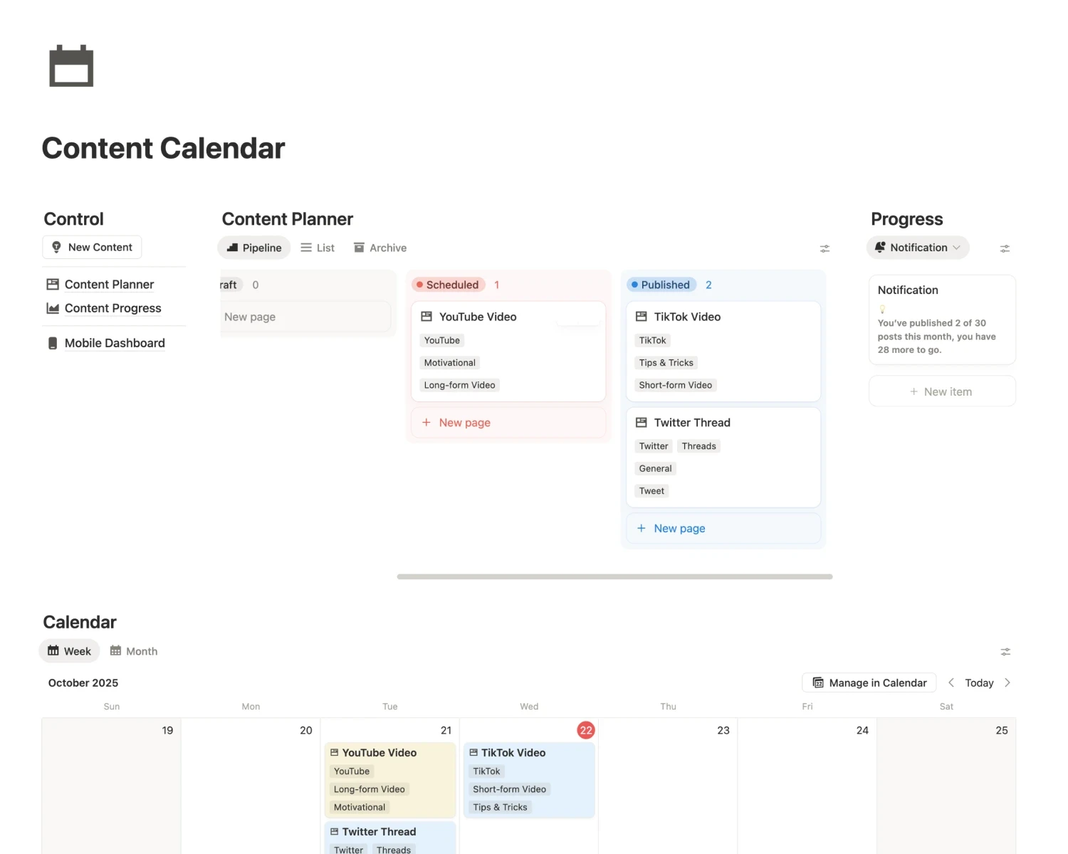 The image displays a Notion template in light mode. The title is "Content Calendar" the template consists of a Kanban board view of a content pipeline..