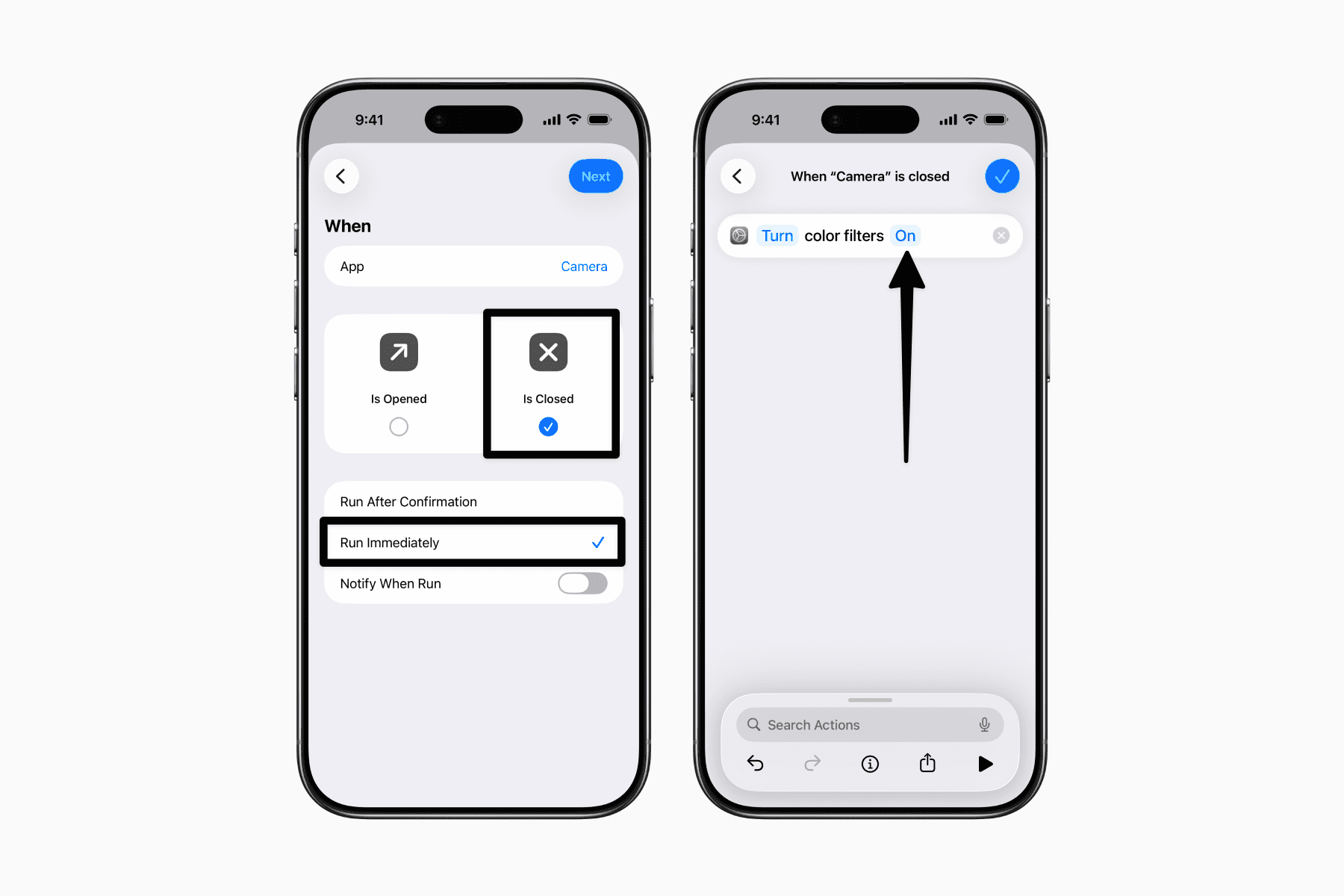 An Apple Shortcuts automation for turning on color filters after closing an app.