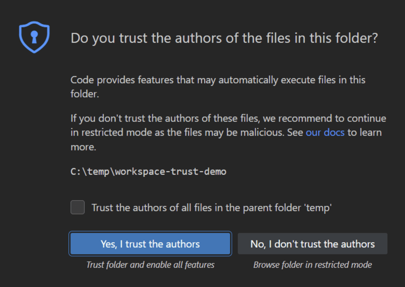 Visual Studio Code Workspace Trust dialog asking whether to trust the authors of a project folder.