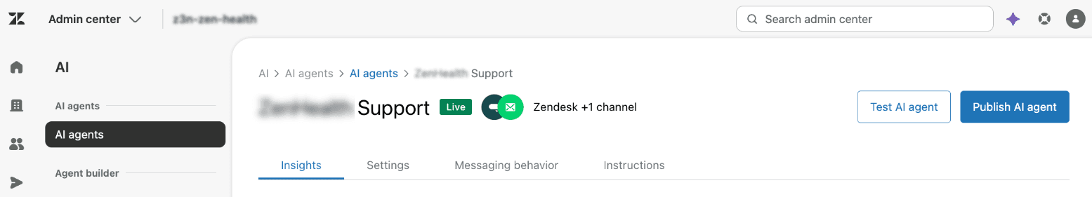 Zendesk Admin Centerin AI-agenttien asetussivu, jossa näkyy Essential - AI-agentin hallintapaneeli ja asetustiedot.