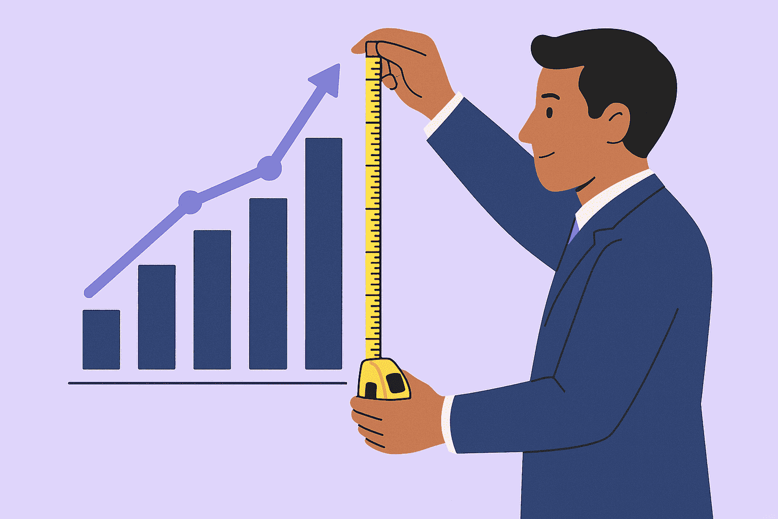 Flat-style digital illustration of a leader using a measuring tape to measure a rising productivity graph, symbolizing remote performance evaluation and balanced productivity tracking.