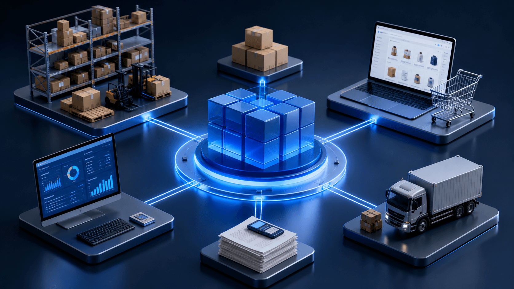 Ilustração 3D realista de um ecossistema integrado de gestão e vendas B2B. No centro da cena, uma estrutura digital futurista conectada por feixes luminosos azuis integra diferentes áreas da operação: estoque em prateleiras industriais, ecommerce em notebook com catálogo de produtos, painel financeiro em monitor, documentos e logística com caminhão de entrega. Todos os elementos aparecem conectados em uma única composição contínua, transmitindo centralização de pedidos, controle operacional e automação de processos sem retrabalho.