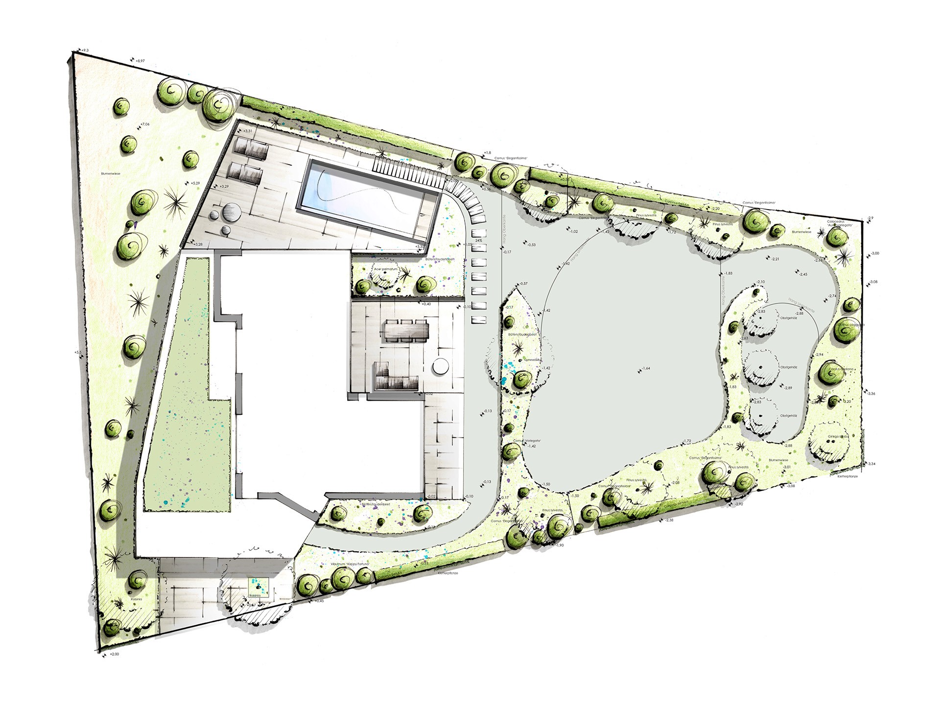 Gestaltungsplan eines Gartens mit Poolbereich, Terrasse, Rasenfläche und umlaufenden Pflanzzonen.