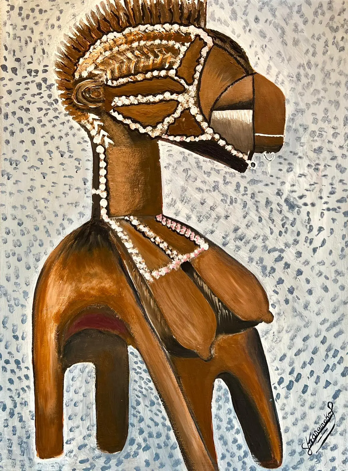 A carved wooden figure resembling a stylized animal with geometric patterns on its body.
