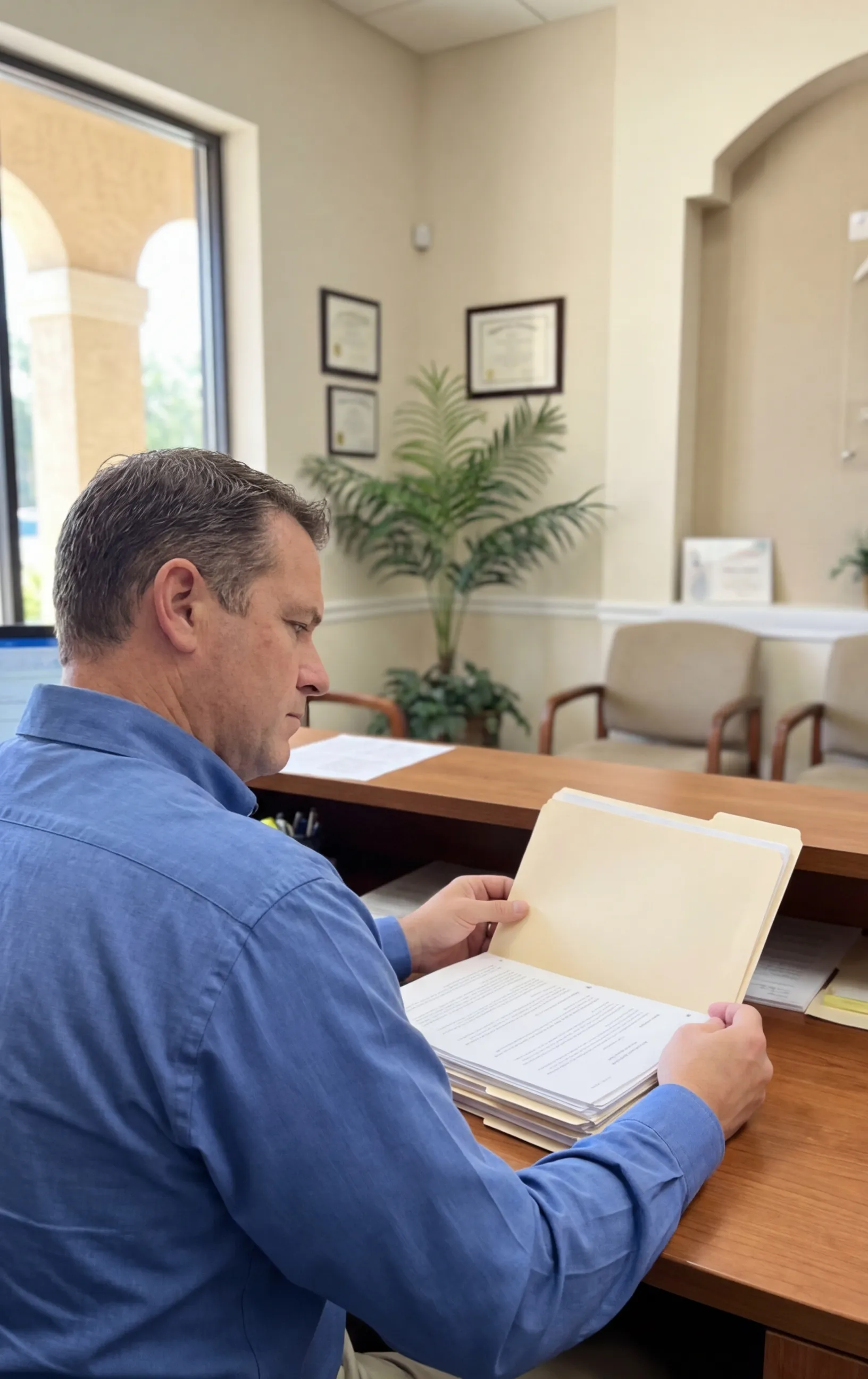 Man at desk reviewing files, RockN' Socials Digital Marketing Agency office.