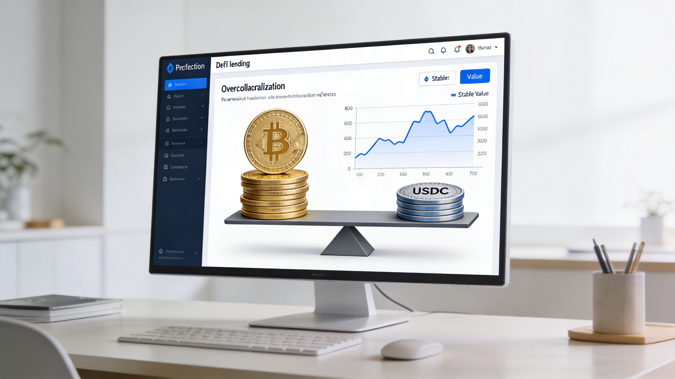 A computer monitor showing a DeFi lending platform dashboard featuring a digital scale with Bitcoin and USDC coins.