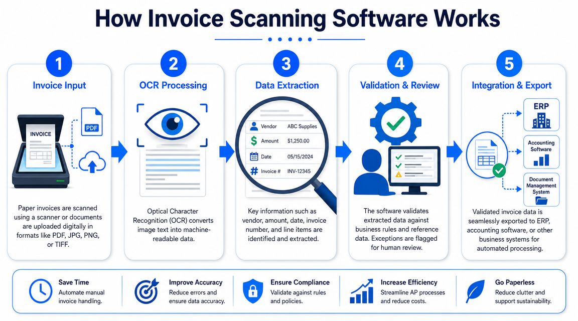 A five-step infographic showing how invoice scanning software automates document processing, from initial input to system integration.