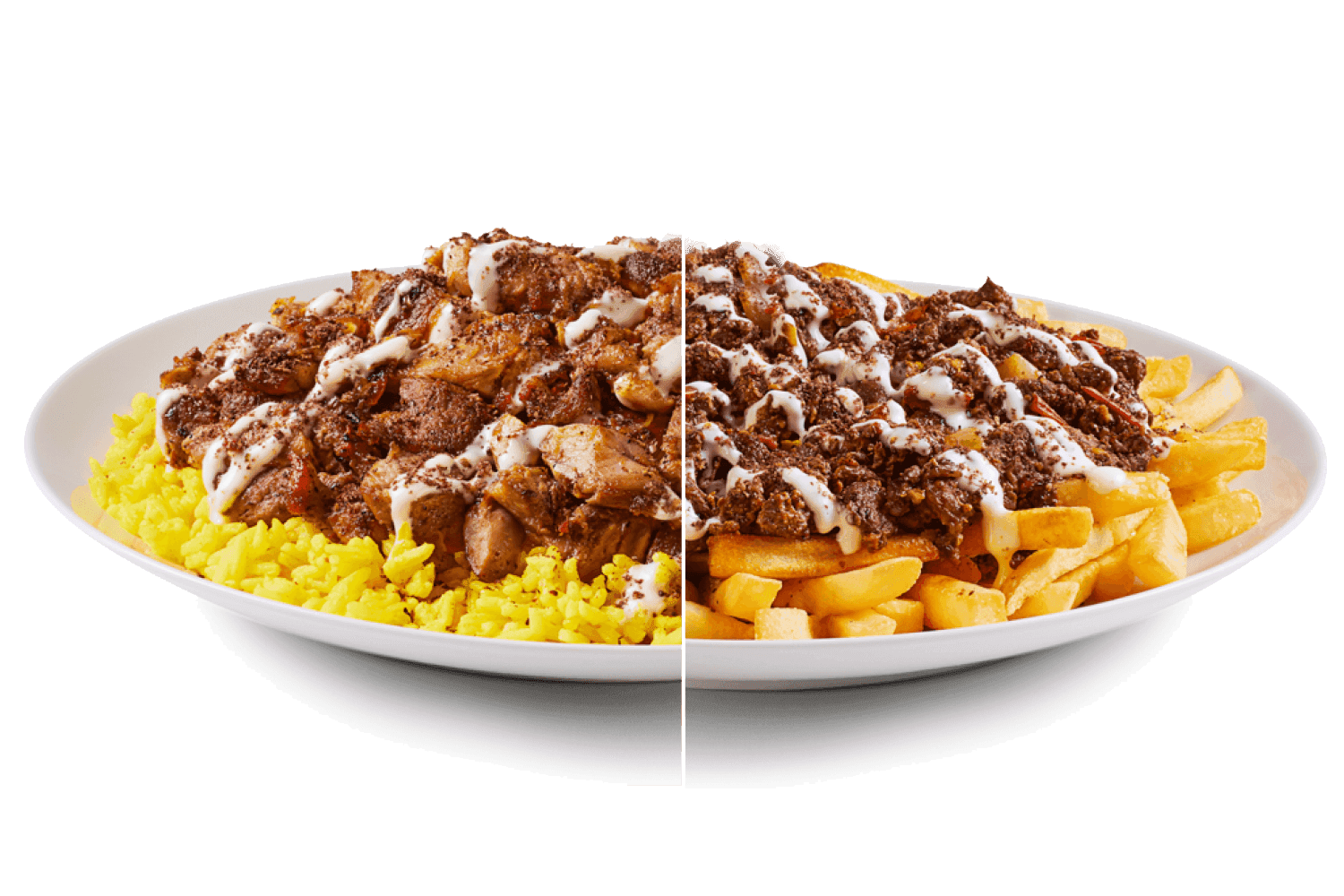 Osmow's Chicken on the Rocks signature dish with freshly carved shawarma on a bed of rice and fries topped with garlic sauce