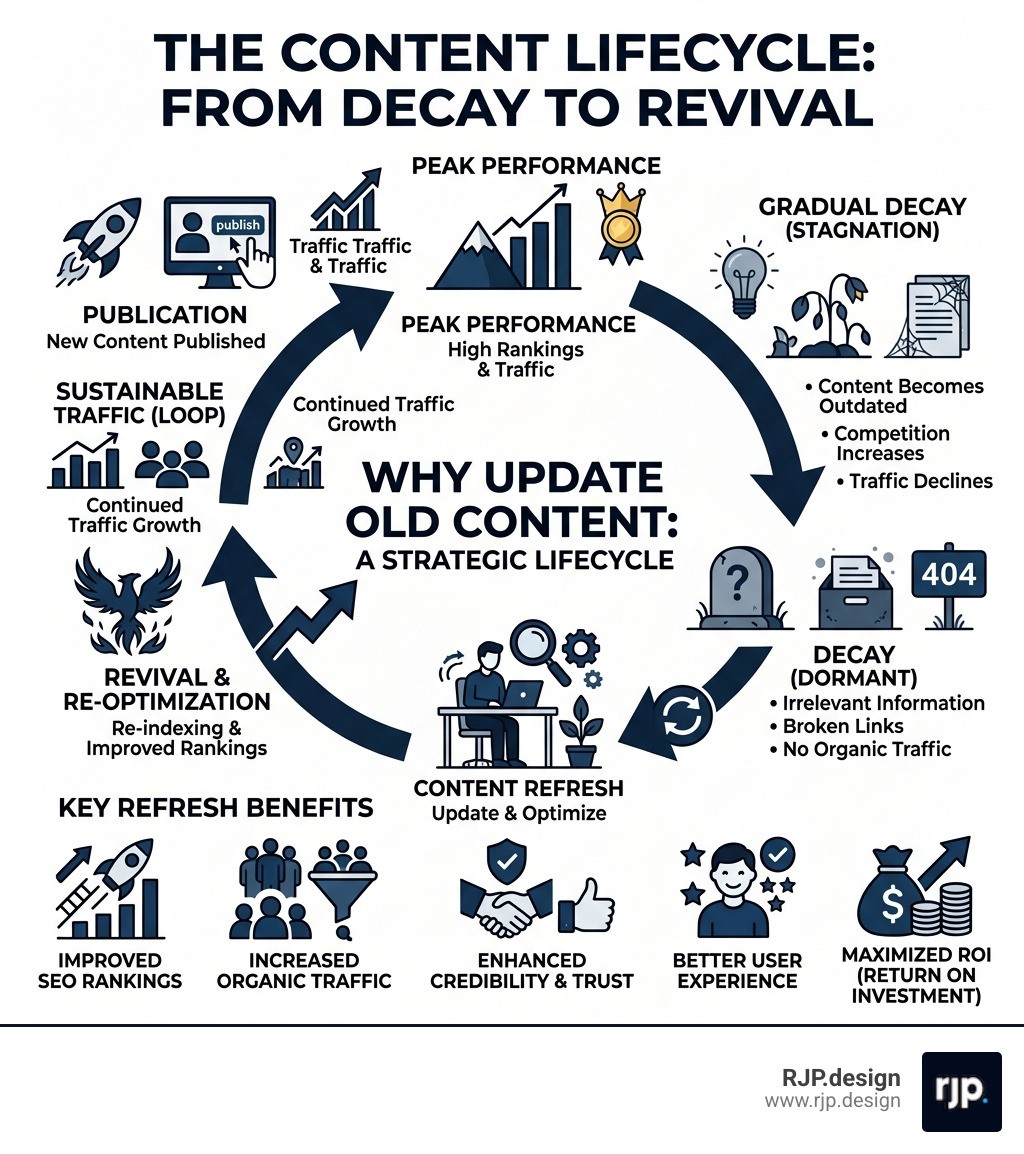 Infographic showing the content lifecycle from publication to decay to revival with key refresh benefits - Why update old