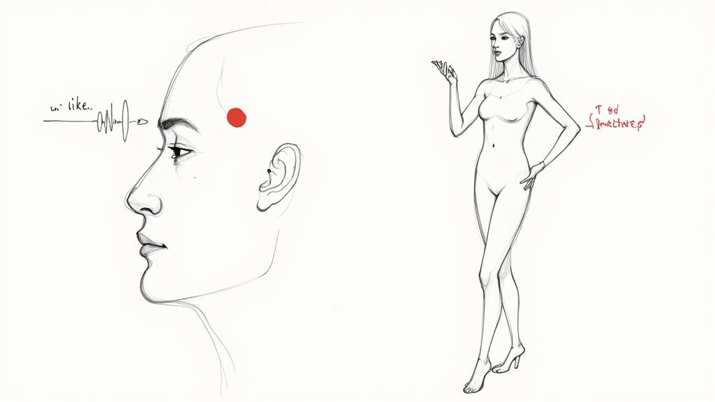 A person confidently giving a presentation, using intentional hand gestures and open posture to engage the audience.