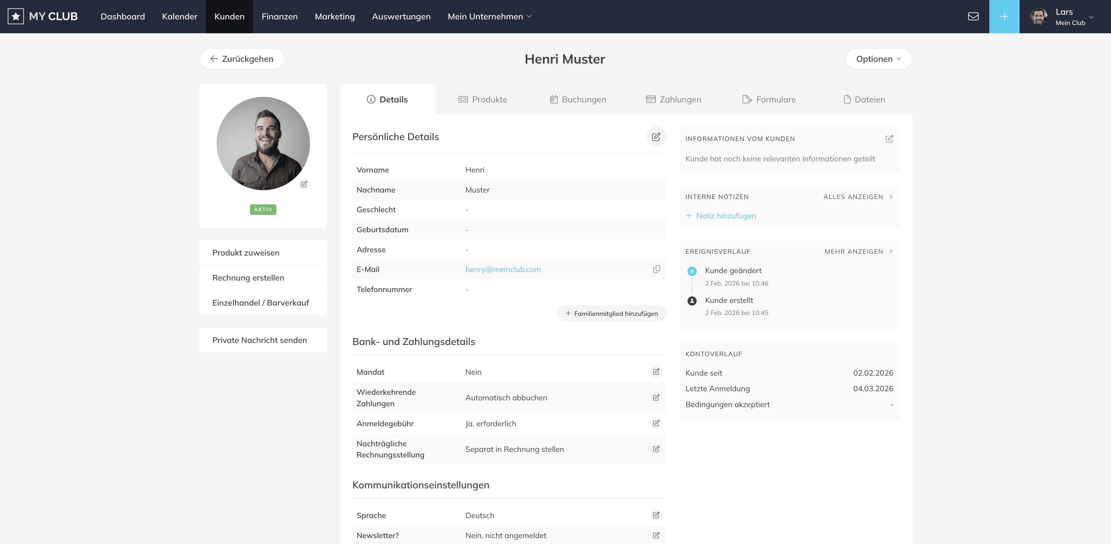 Kundendetails, Kundenverwaltung