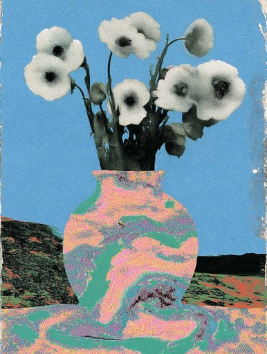 Surreal artwork of flowers in a melting vase, digital collage from creative studio.