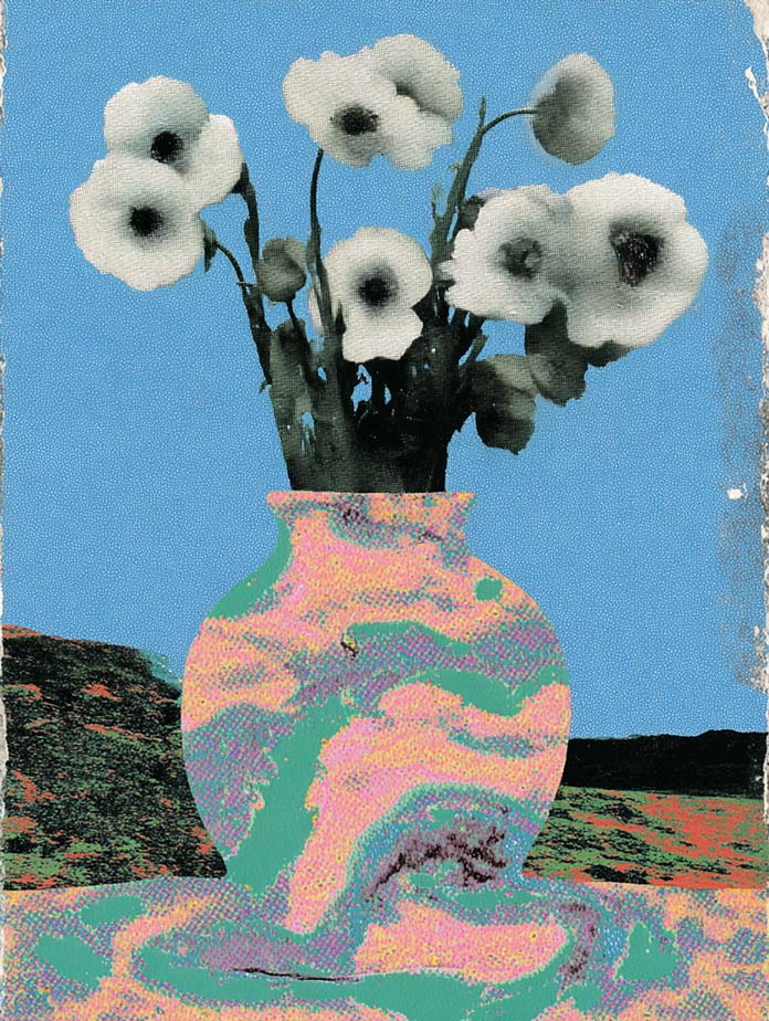 Surreal artwork of flowers in a melting vase, digital collage from creative studio.