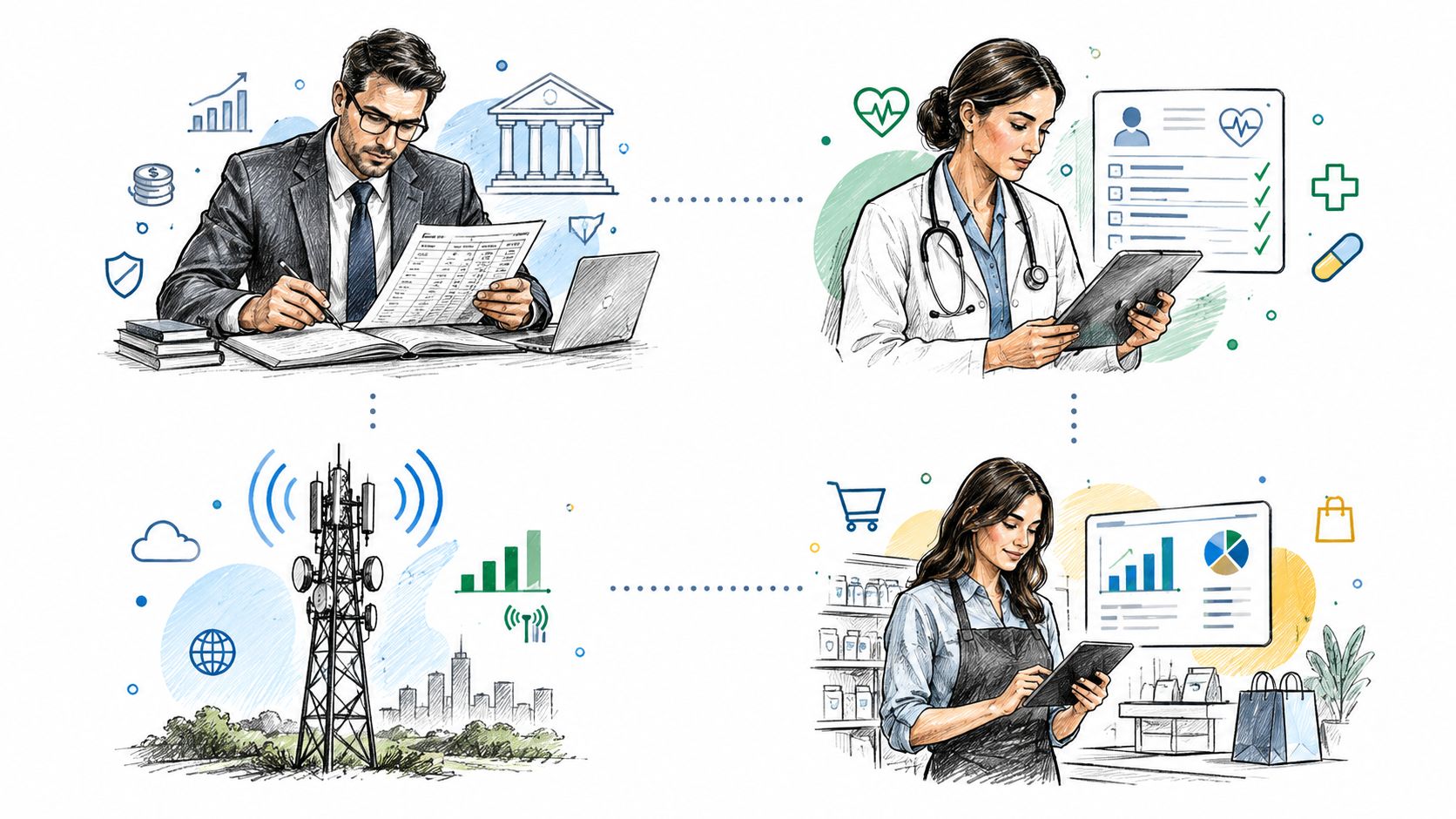 A digital illustration showing four professionals interacting with data in banking, healthcare, telecommunications, and retail sectors.