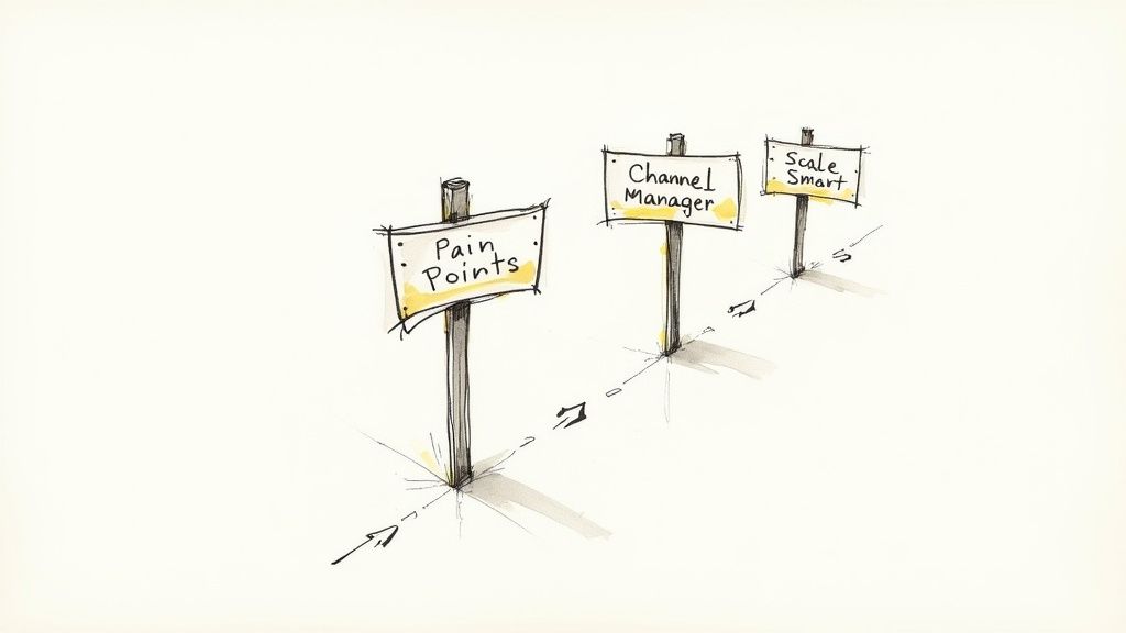 A host sitting at a desk with a laptop, looking at a digital roadmap overlaying a property management dashboard.