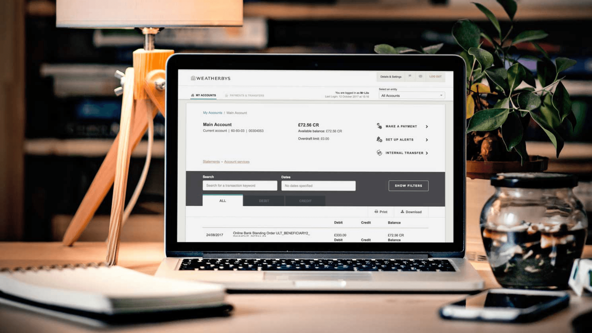 Weatherbys bank website on laptop