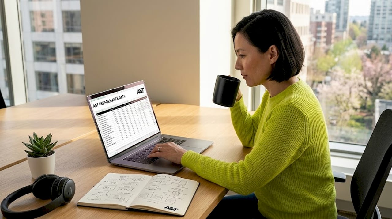 Marketer checking ad data in a café workspace