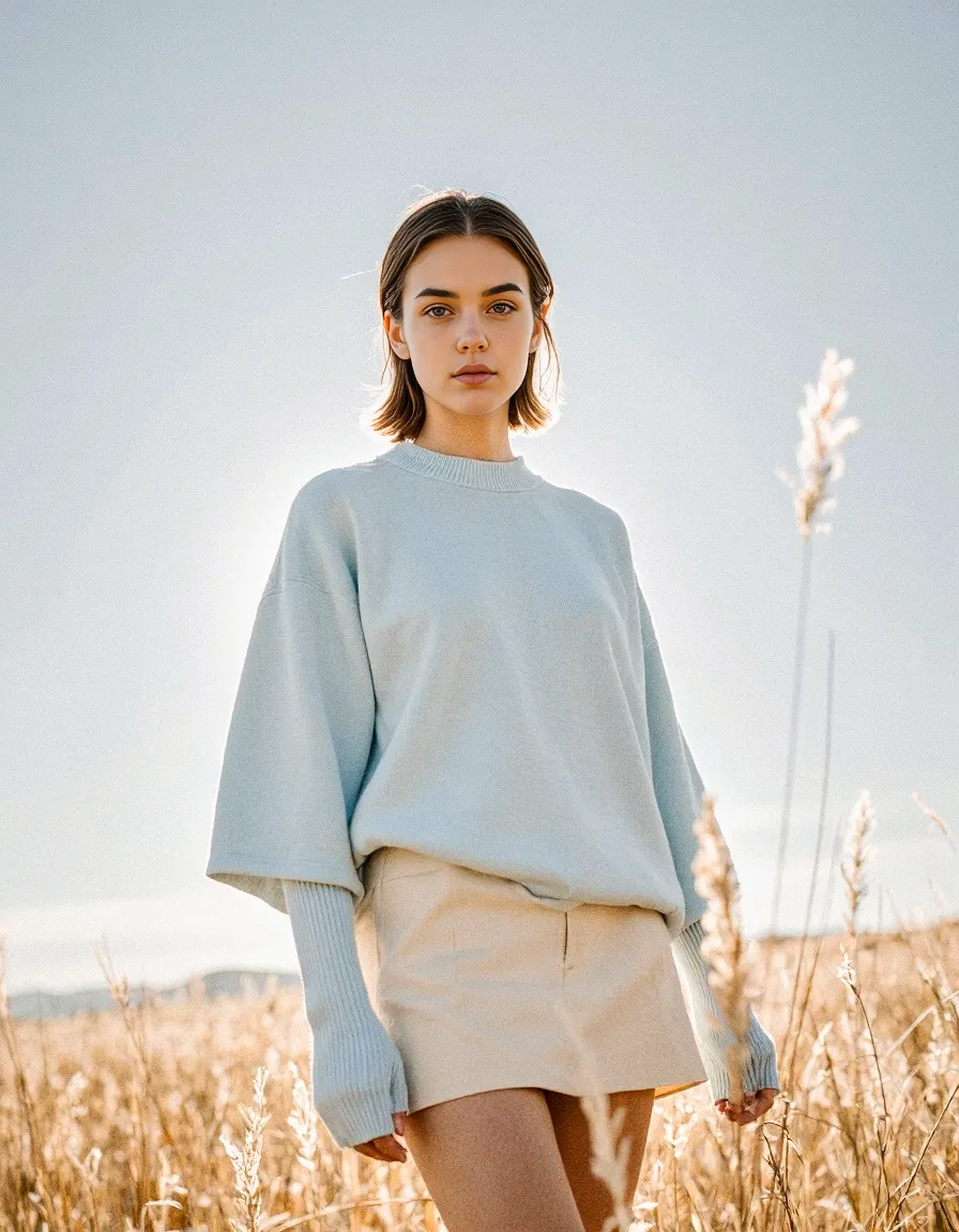 Person in light blue oversized sweater and cream skirt standing in golden wheat field with soft, dreamy lighting creating an editorial mood