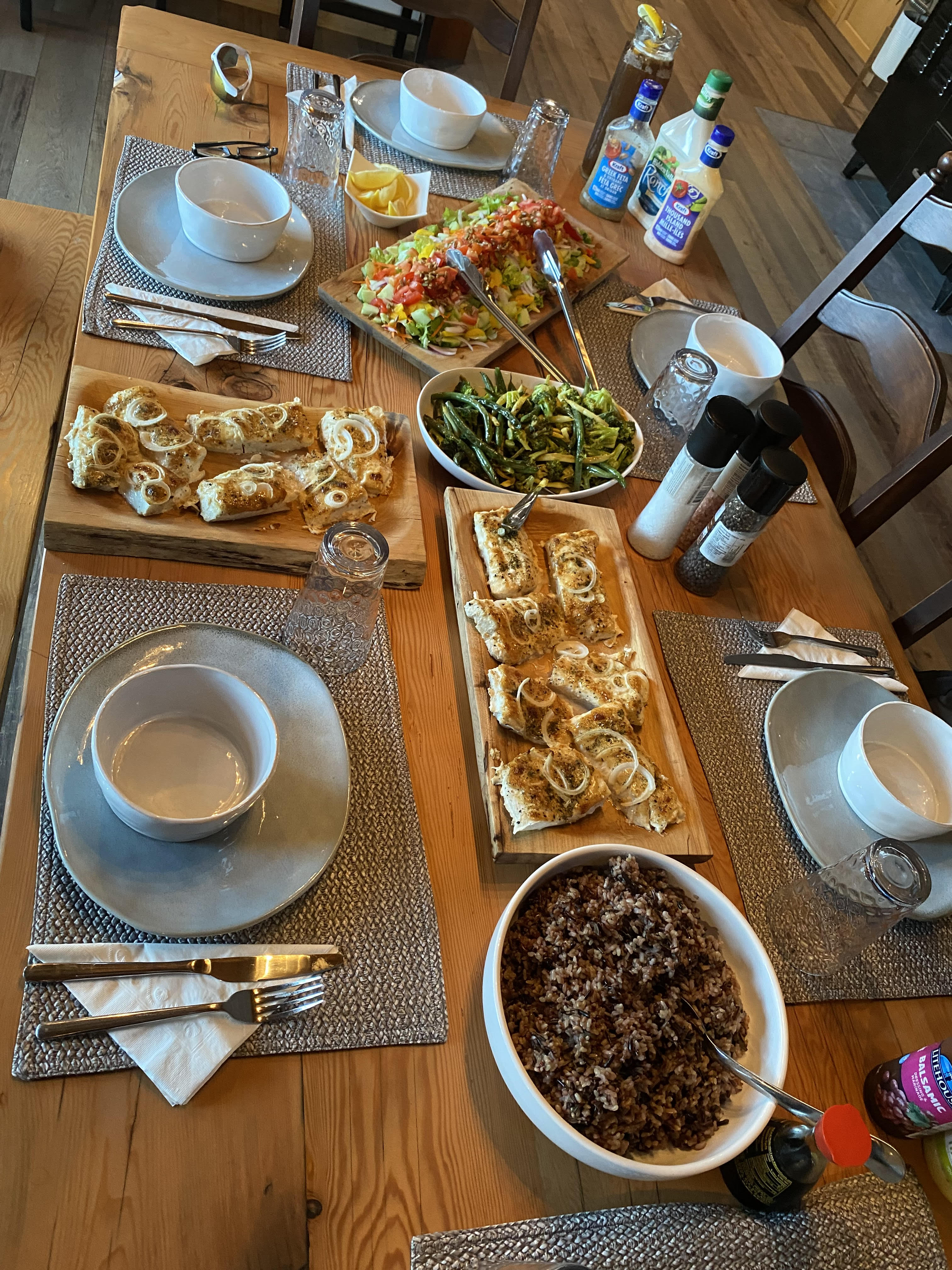 Family style meal in fishing lodge