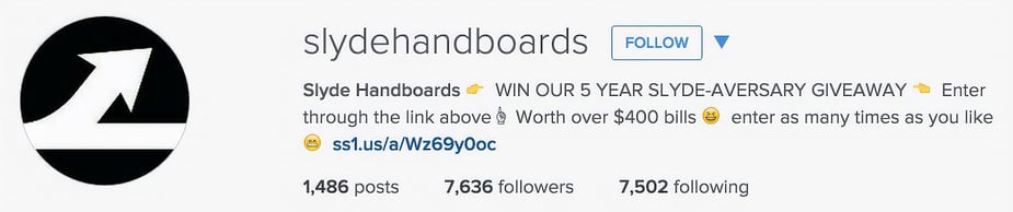 Slyde's Instagram bio featuring a giveaway promotion