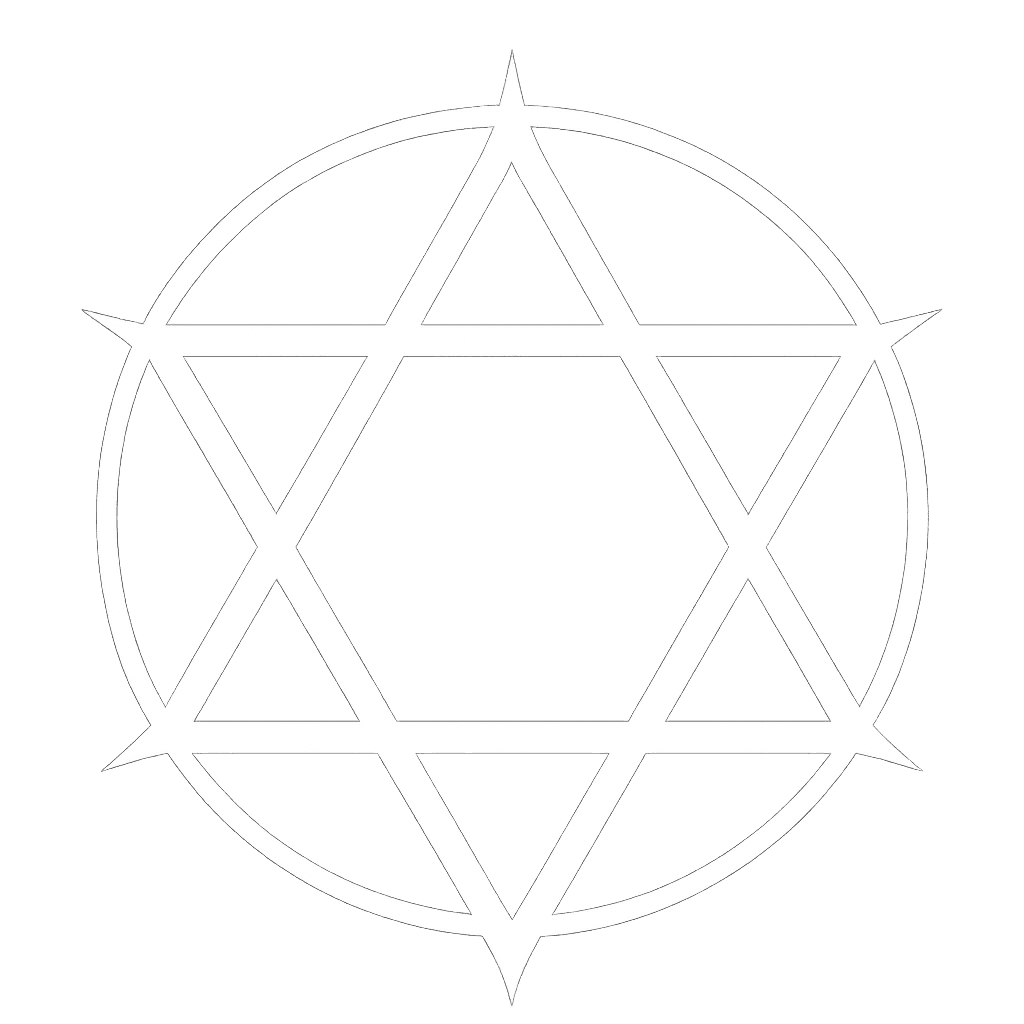Hexastorm emblem: a white six-pointed star formed by two interlocking triangles within a circular frame. Represents the Hexastorm Council — the convergence of dual forces, clarity within chaos, and the highest coordinating body of the Cirqus Heresy Order.