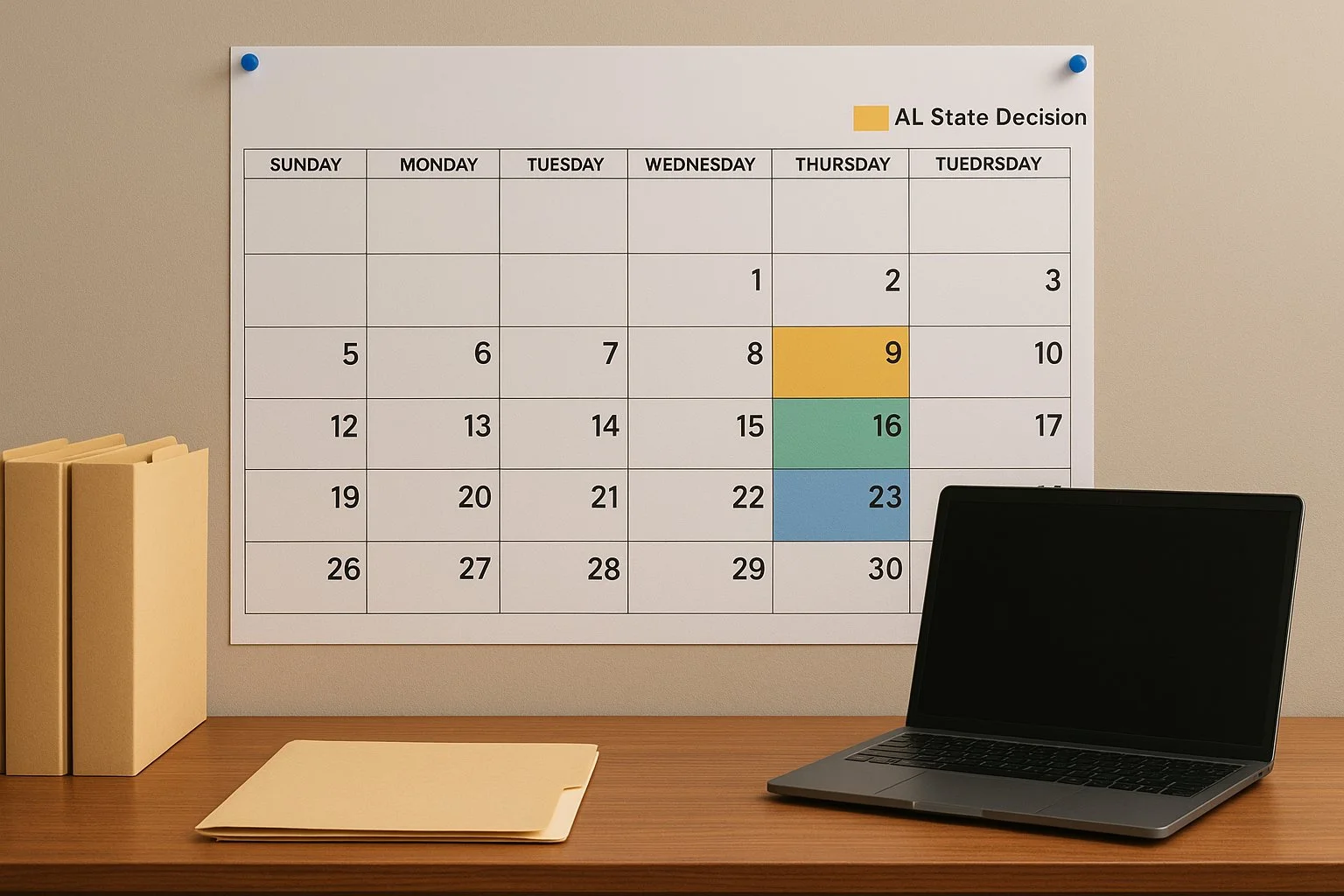 Large wall calendar marked with color-coded state tax deadlines above a desk holding files and a laptop.